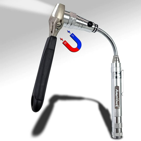 AmeriLuck Telescopic Pickup Tool with LED Flashlight, Extensible Rod with 360 Deg. Bendable Adjustable Magnetic Head, 4 x LR44 Batteries Included (22.3", Silver)