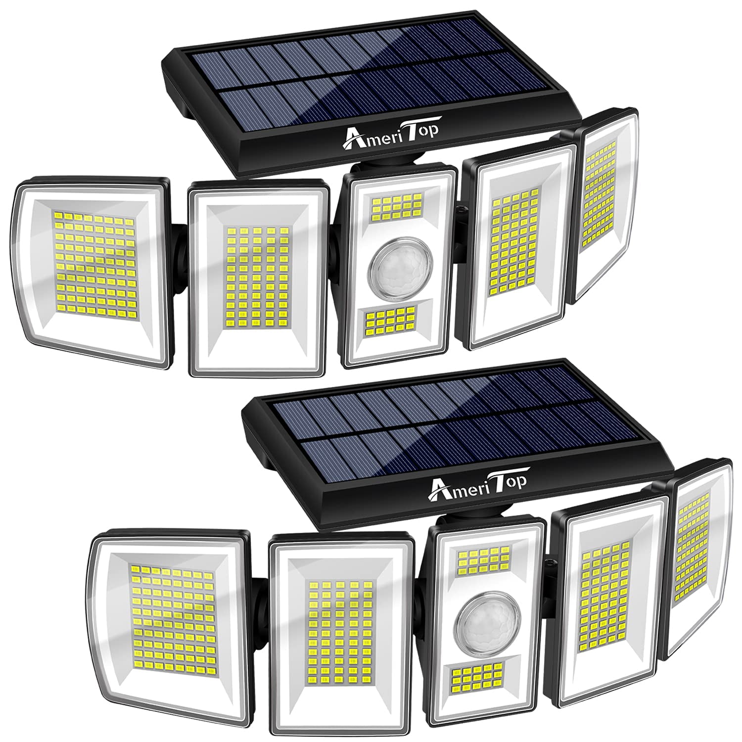 AmeriTop Solar Lights Outdoor, 5 Heads 3000LM Motion Sensor Security Lights with 416 LEDs, 3 Modes 360 Wide Angle Solar Flood Lights, IP65 Waterproof Wall Light for Yard Garden Garage Porch, 2 Pack