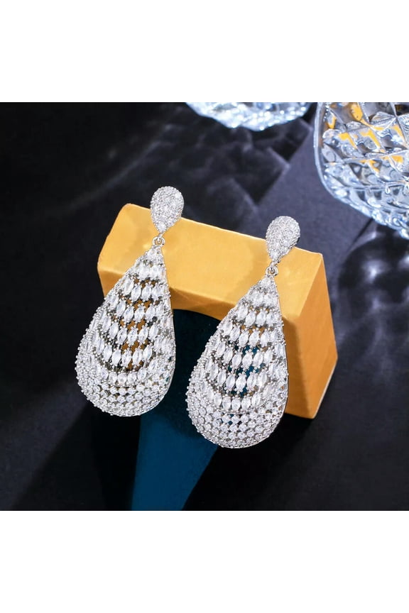Amerian Crystal CZ Long Leaf Dangly Drop Earrings White Gold Plated for Ladies