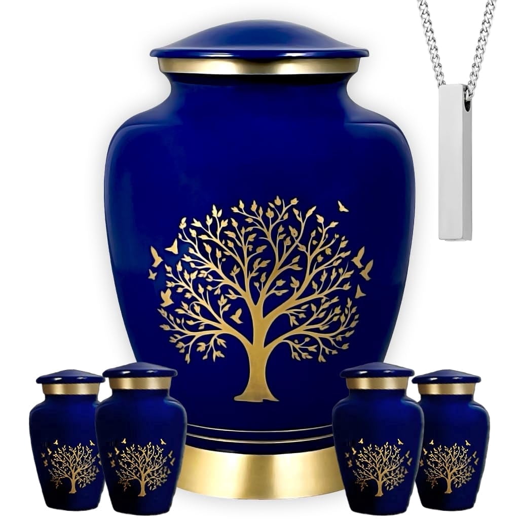 AmericUrn Blue Tree of Life Cremation Urns for Human Ashes – Adult Female and Male Memorial Set of 6 with 1 Large Urn, 4 Keepsake Urns & 1 Necklace Urn