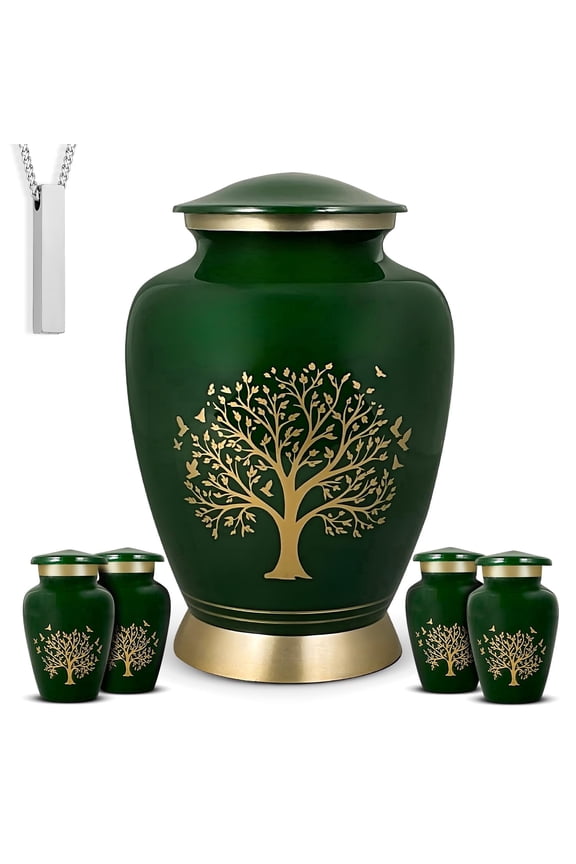 Green Tree of Life Cremation Urns for Human Ashes – Adult Female and Male Memorial Set of 6 with 1 Large Urn, 4 Keepsake Urns & 1 Necklace Urn