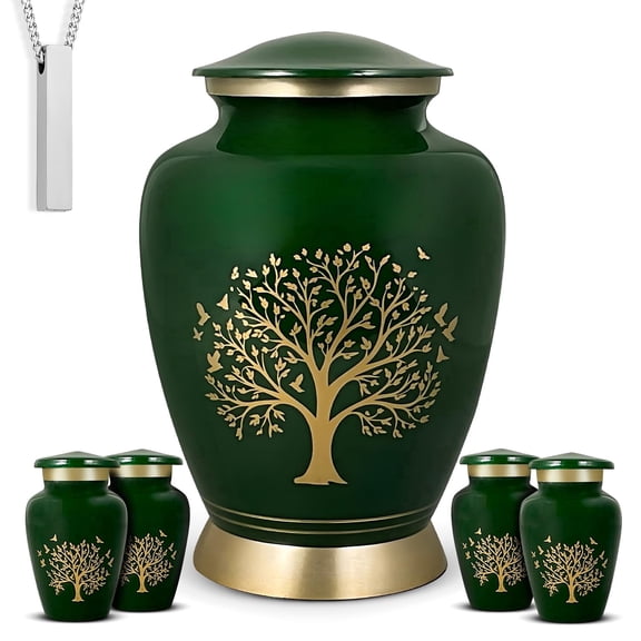 AmericUrn Green Tree of Life Cremation Urns for Human Ashes – Adult Female and Male Memorial Set of 6 with 1 Large Urn, 4 Keepsake Urns & 1 Necklace Urn