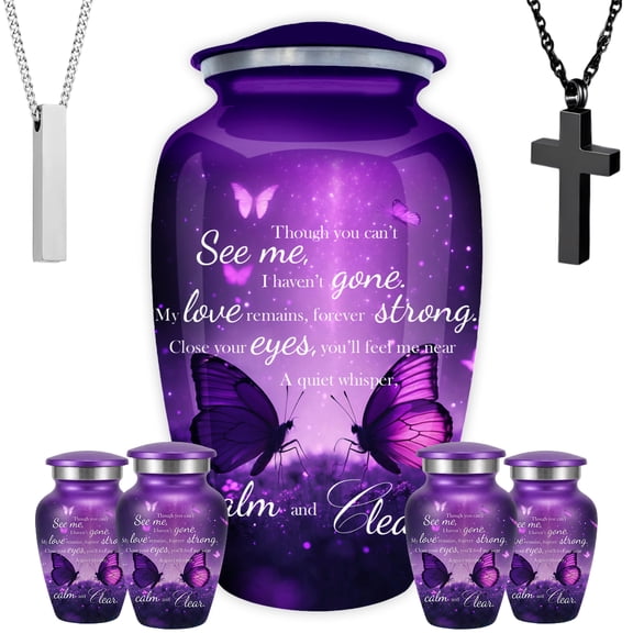 AmericUrn Pink Butterfly Urns for Human Ashes – Adult Female Memorial Set Of 7 with 1 Large Urn, 4 Keepsake Urns, Cross Memorial Necklace & Necklace Urn