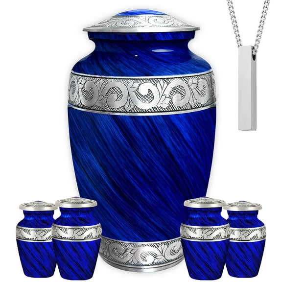 AmericUrn Set of 6 Urn for Ashes Adult Male with 1 Large Blue Urn 4 Small Keepsakes & 1 NecklaceUrn