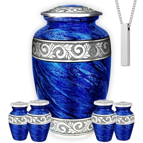 AmericUrn Set of 6 Urn for Ashes Adult Male with 1 Large Eternal Blue Urn 4 Small Keepsakes & 1 NecklaceUrn