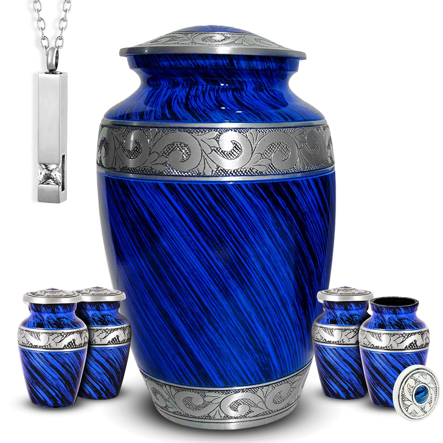 Large Blue Engraved Metal Urn Set with Keepsake Urns