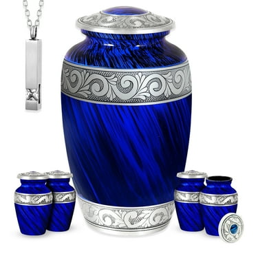 AmericUrn Set of 6 Urn for Ashes Adult Male with 1 Large Blue Urn 4 Small Keepsakes & 1 NecklaceUrn