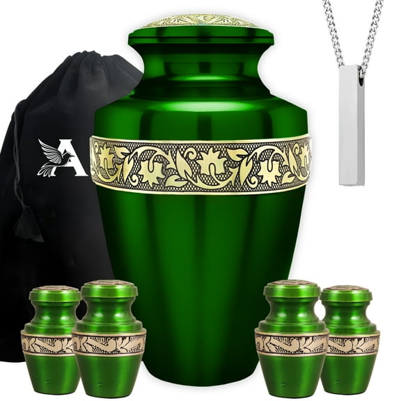 Set of 6 Green & Gold Grecian Cremation Urns for Human Ashes – 1 Large Adult Urn, 4 Mini Urns & 1 Necklace Urn, Handcrafted Memorial Tribute
