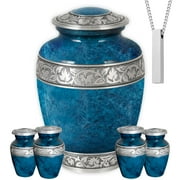 AmericUrn Cremation Urns for Ashes, Set of 6   1 Large, 4 Keepsake, 1 Necklace   Handcrafted Marble Blue Aluminum Urns for Men and Adults