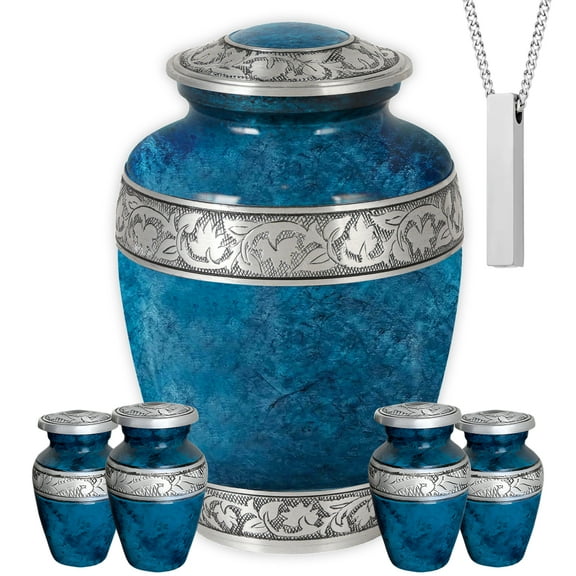 AmericUrn Cremation Urns for Ashes, Set of 6 – 1 Large, 4 Keepsake, 1 Necklace – Handcrafted Marble Blue Aluminum Urns for Men and Adults