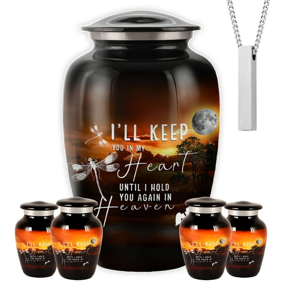 Set of 6 Moonlight Black Aluminum Cremation Urns – Memorial Set with 1 Large Adult Urn for Ashes, 4 Keepsake Urns & 1 Necklace