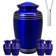 AmericUrn Urns for Cremation Ashes   Royal Blue Handcrafted Set with 1 Large Adult, 4 Keepsakes & 1 Necklace   Made in India