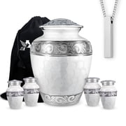 Set of 6 White Patch Aluminum Cremation Urns   1 Large Adult Urn, 4 Small Keepsake Urns & 1 Memorial Necklace for Ashes