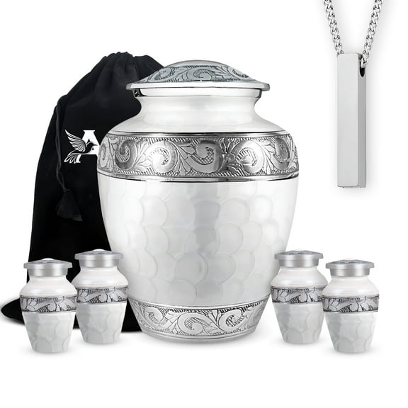 Set of 6 White Patch Aluminum Cremation Urns – 1 Large Adult Urn, 4 Small Keepsake Urns & 1 Memorial Necklace for Ashes