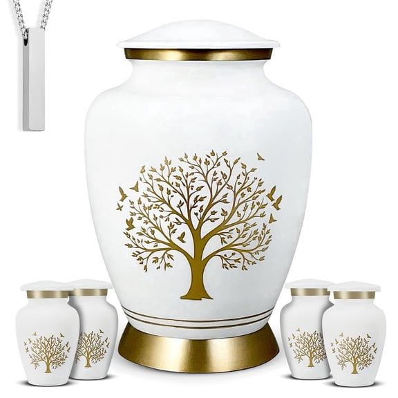 AmericUrn White Tree of Life Cremation Urns for Human Ashes – Adult Female and Male Memorial Set of 6 with 1 Large Urn, 4 Keepsake Urns & 1 NecklaceUrn