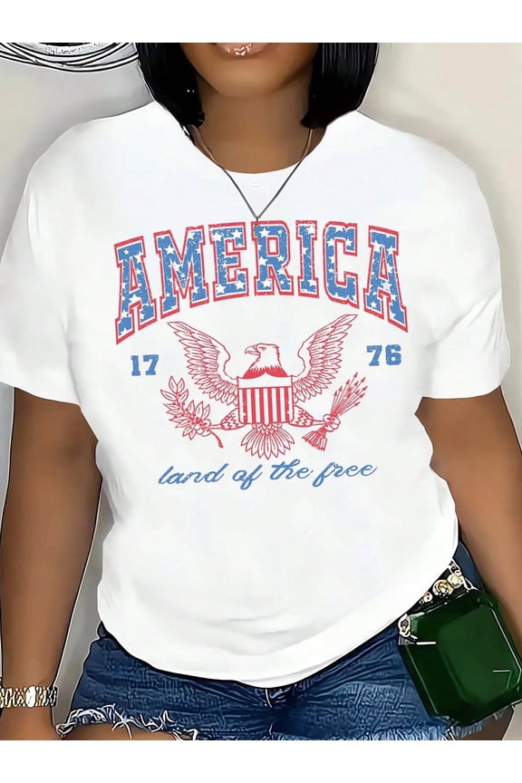 America 1776 Eagle Patriotic T-Shirt - Land Of The Free USA Flag Design For Women And Men, Classic Crewneck Tee With Red Blue Graphic, Independence Day Apparel, 220g