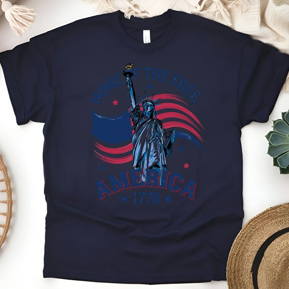 America 1776 Statue of Liberty T-Shirt – Home of the Free USA Graphic Tee, Navy, Size L