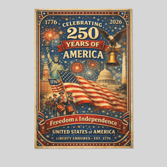 America 250 (1776–2026) Farmhouse Patriotic Decor – Poster Independence Wall Print – Fireworks Art Full Size 24''x36'' The Golden Shop