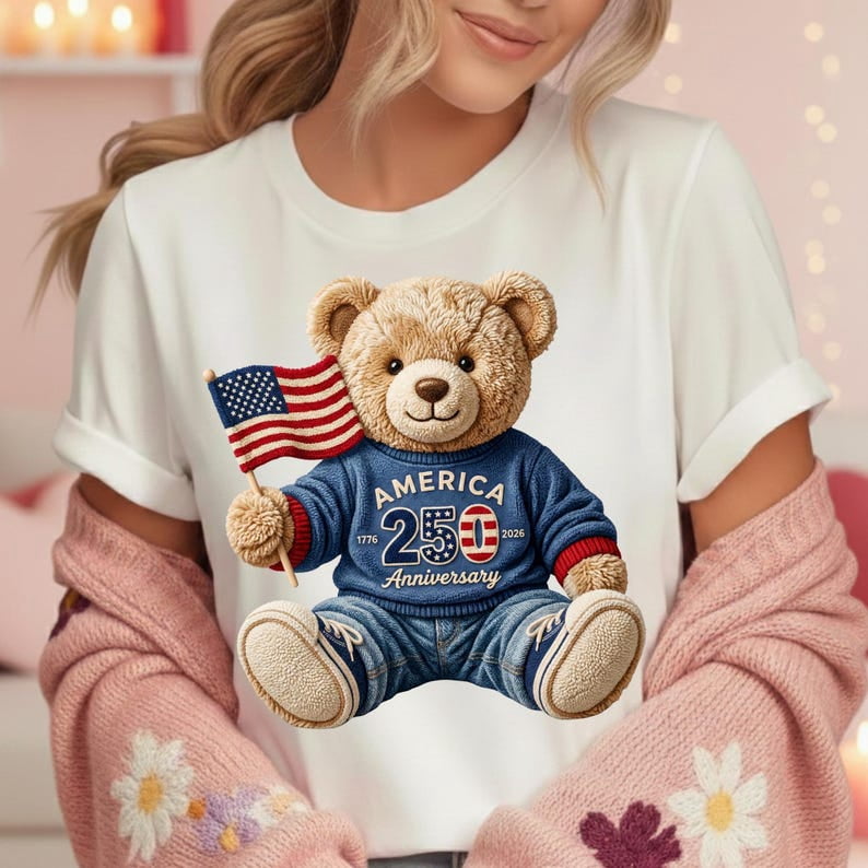 America 250 Anniversary Bear Patriotic T-Shirt, USA Flag Celebration ...