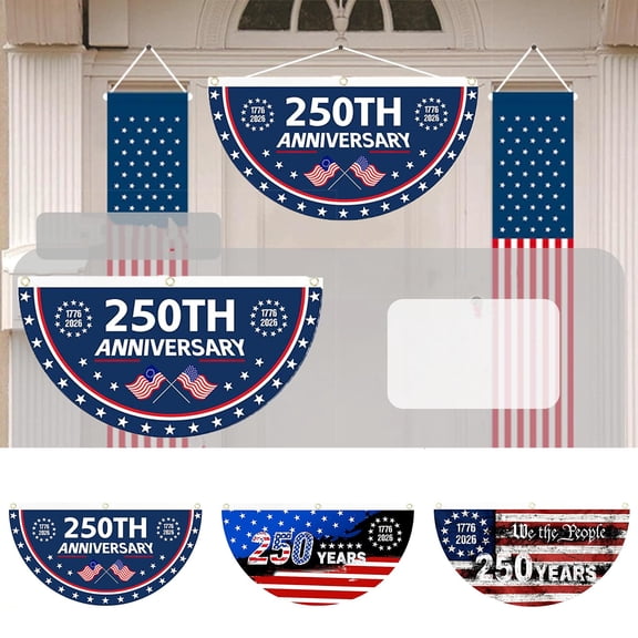 America 250 Anniversary Flag,35 inches 1776-2026 Fan Flags, 2 Ply Year American Anniversary Flag for Wall, Front Door, Porch, Fence, Outdoor Decorations (Style 1)