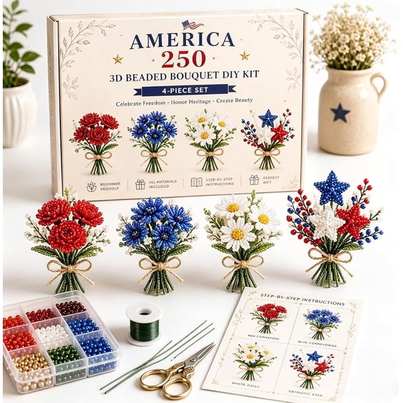 America 250 Beaded Bouquet DIY Kit – Edition Patriotic Craft Collection, 4 Pack Patriotic Firework Flower Craft Set, 1776-2026 Independence Day Bead Bouquet Making Kit, America 250 Celebration Decor