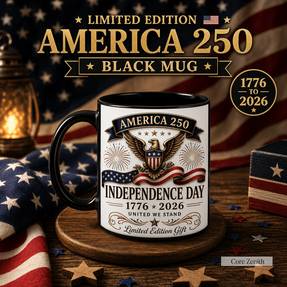 America 250 Black Mug with Gold Typography Patriotic Gift for Independence Day