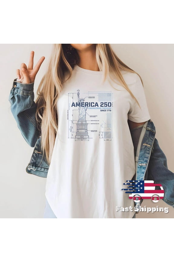 America 250 Engineering Freedom Since 1776 Statue of Liberty Blueprint Graphic Shirt, Patriotic Technical Drawing USA Semiquincentennial Tee Comfort Colors Unisex Cotton T-Shirt, Sizes S-3XL
