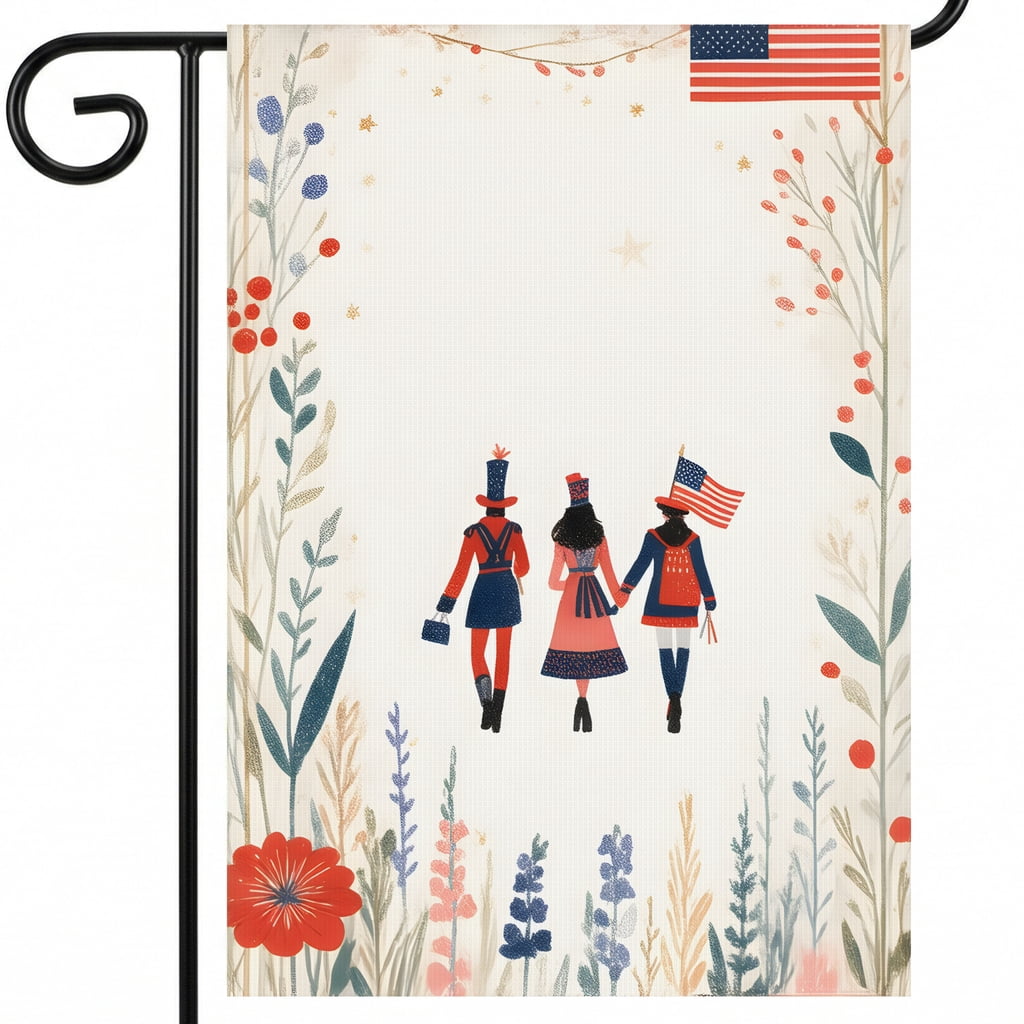America 250 Garden Flag: A group of people walking through a field of flowers. with America 250 Decorations for July 4th Outside
