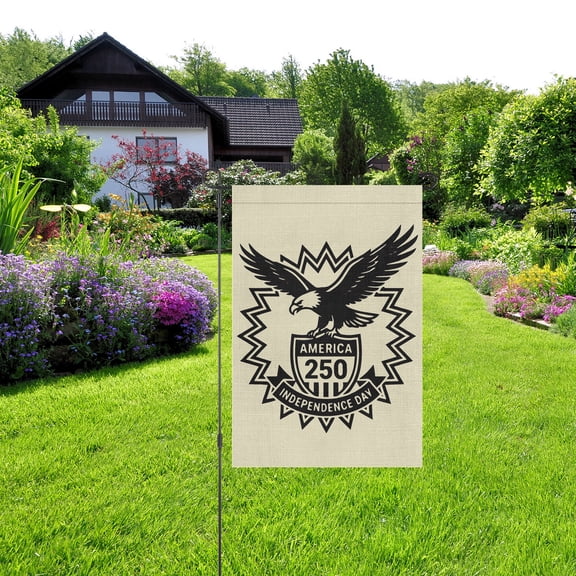 America 250 Independence Day Garden Flag - Beige Bald Eagle & Shield Patriotic Burlap Yard Flag