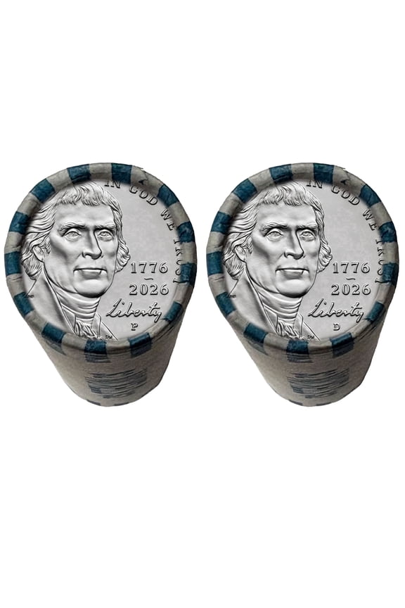 America 250 Jefferson Nickel 17762026 Uncirculated Rolls Set Both P & D Mint, 2 FULL ROLLS