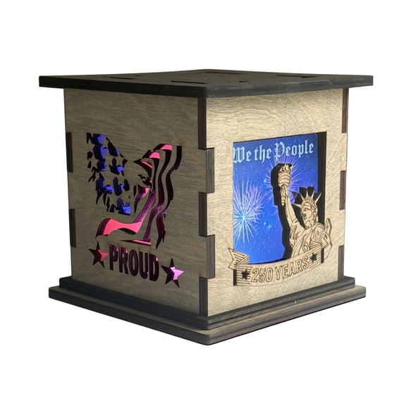 America 250 LED Wooden Glow Box, Patriotic Eagle & American Flag Decor, 5-Inch Handmade Display