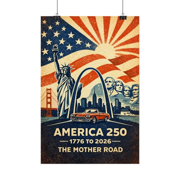 America 250 Landmarks Vintage Skyline Collage, Modern Wall Art Print