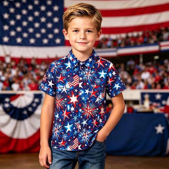 America 250 Lightweight Regular Fit Short Sleeve Collared Patriotic Print Top for Daily Outing Boys T Shirts