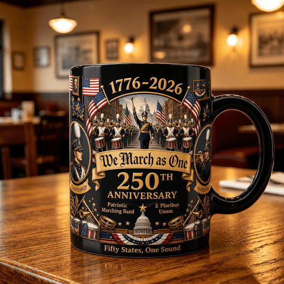 America 250 Marching Band Mug, Patriotic 250th Anniversary Coffee Cup Gift
