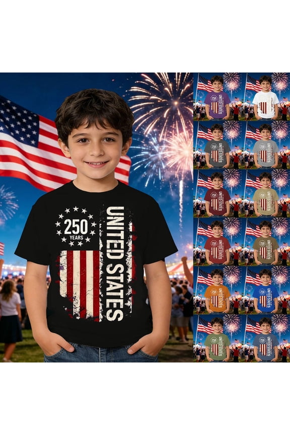 America 250 Merchandise Durable Regular Fit Short Sleeve Crew Neck Patriotic Print Tee for All Day Wear Boys T Shirts