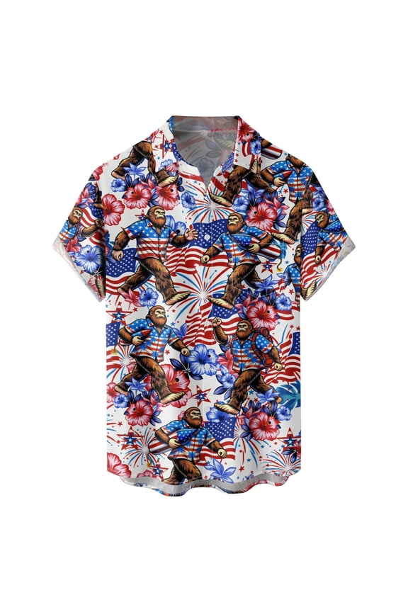 America 250 Merchandise Mens Short Sleeve Button Down American Flag Print Shirt Casual Loose Fit Daily Shirt Blue S