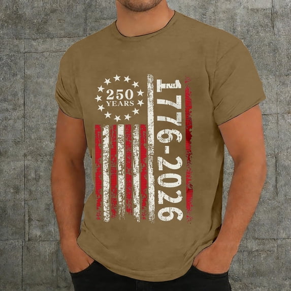 America 250 Merchandise Mens Short Sleeve Crewneck Patriotic Graphic Tee Stylish Summer Daily Wear Khaki XXL