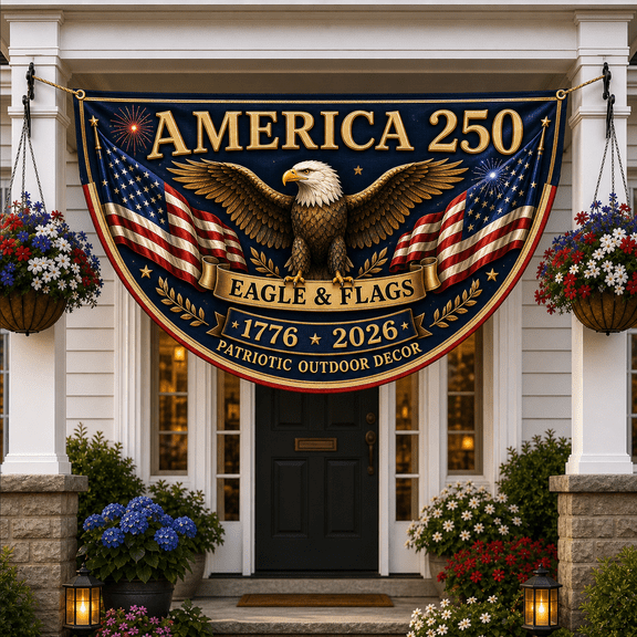 America 250 Porch Flag Patriotic Bunting Banner with Eagle and Flags 1776-2026