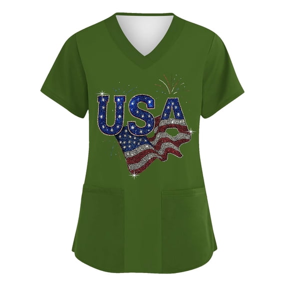 America 250 Scrub Tops for Women Usa Flag Print United States V Neck Shirts Short Sleeve Moisture Wicking Regular Fit Workwear Tops with Pockets, #01 Green, XXL