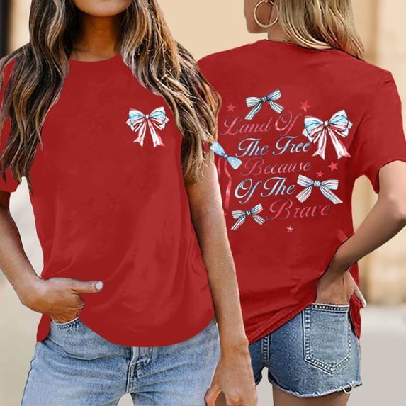 America 250 Shirt Women Independence Day Bow Knot Print Crew Neck Short Sleeve Tops for Everyday Wear Women's T Shirts Red L