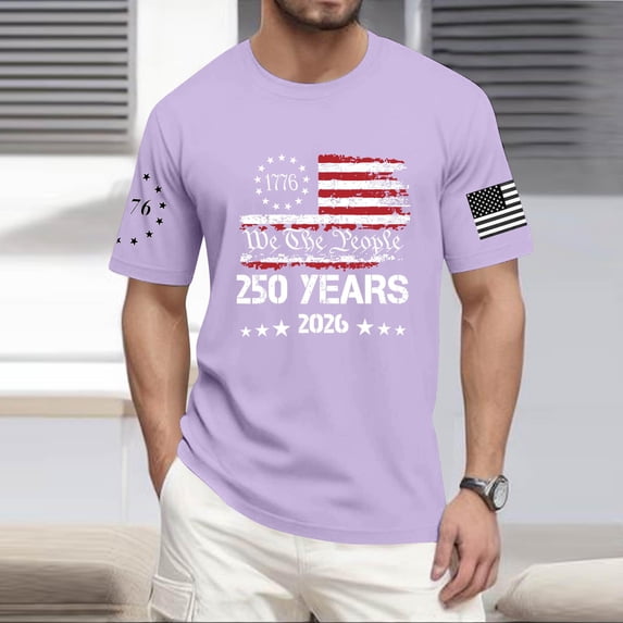America 250 Shirts for Men Independence Day Usa Flag Print Crew Neck Short Sleeve Shirts Big and Tall Relaxed Fit Comfy Beach Vacation Tshirt, Purple, #01 Purple