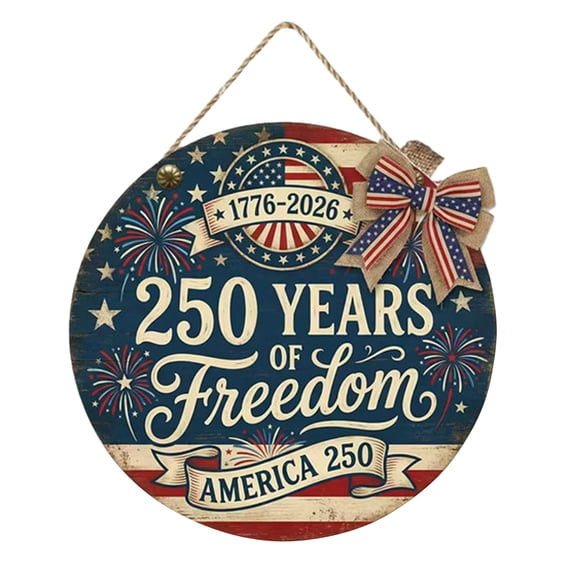 America 250 Sign for Front Door with Bow America 250 Decorations Outdoor 250 Years of Freedom Patriotic Front Door Decor for 2026 Semiquincentennial Celebration 4th of July Decorations - 11.8"