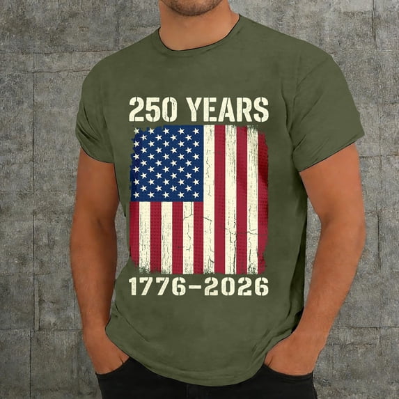 America 250 T Shirt Men's Patriotic Knit Graphic Short Sleeve Independence Day Anniversary 4Th of July Shirts for Men Army Green L