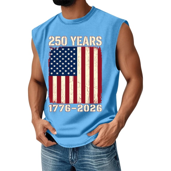 America 250 Tank Top Men United States USA Flag Print Sleeveless Crew Neck Tanks Muscle Relaxed Fit Daily Wear Workout Tee, Light Blue, #01 Light Blue