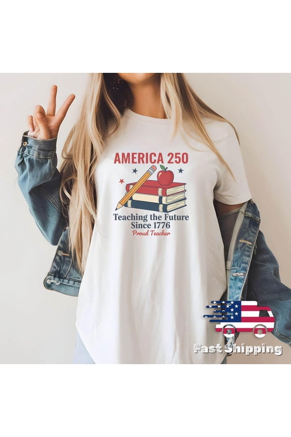 America 250 Teaching the Future Since 1776 Patriotic School Books Apple Pencil Graphic Shirt, USA Semiquincentennial Education Pride Tee Comfort Colors Unisex Cotton T-Shirt, Sizes S-3XL
