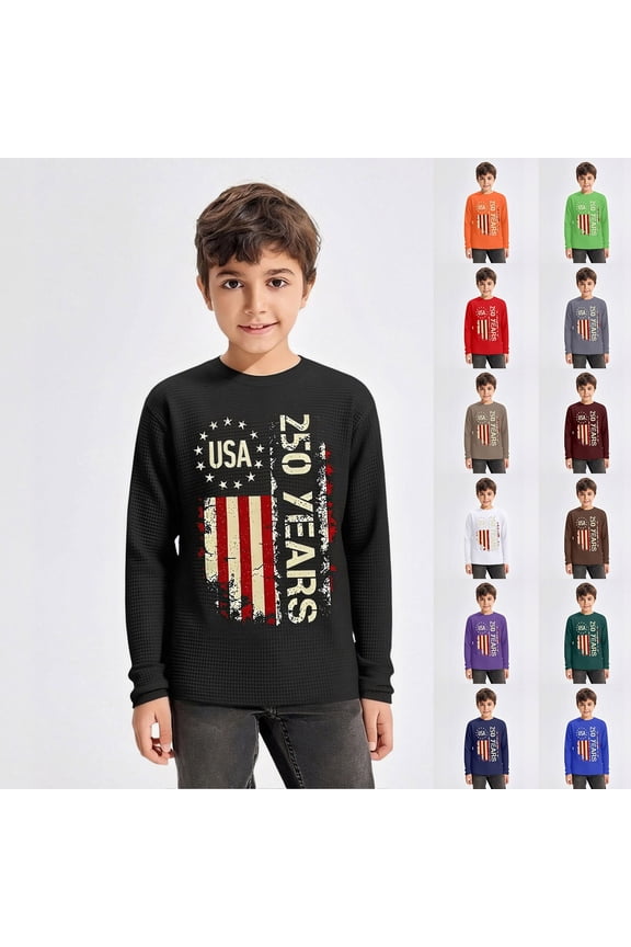 America 250 Tshirt Boys Knit Long Sleeve Crewneck Casual Soft Soft Waffle Tee Boys 4Th of July Shirt Blue 2-3 Years