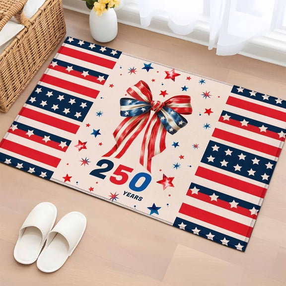 America 250 Years Entryway Rug 2'x3' Independence Day USA Flag Bow Star Small Area Rug Non-Slip Front Door Mat Washable Floor Carpet for Indoor Entrance Kitchen Bathroom