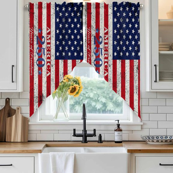 America 250 Years of Freedom Swag Curtain Valance for Windows, Independence Day Red White Blue Star Flag Window Treatments Short Swag Topper for Kitchen Windows Bathroom Bedroom, 36"x36"