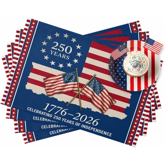 America 250 Years Placemats Set of 6, 13x19 Inch, Independence Day Red White Stripe Blue Star Flag Washable Non Slip Linen Table Mats, Placemats for Dining Table Party Kitchen Decor