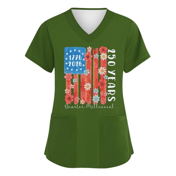 America 250 Years Scrub Shirt for Women Letter Print Fourth Of July Short Sleeve Tshirt V Neck Moisture Wicking Regular Fit Casual T Shirts with Pockets, #01 Green, 3XL